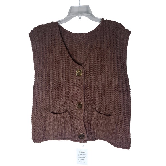 KEOMUD Sweaters - Brown Chunky Knit Oversized Button Front Sweater Vest Womens XL V-Neck Pockets